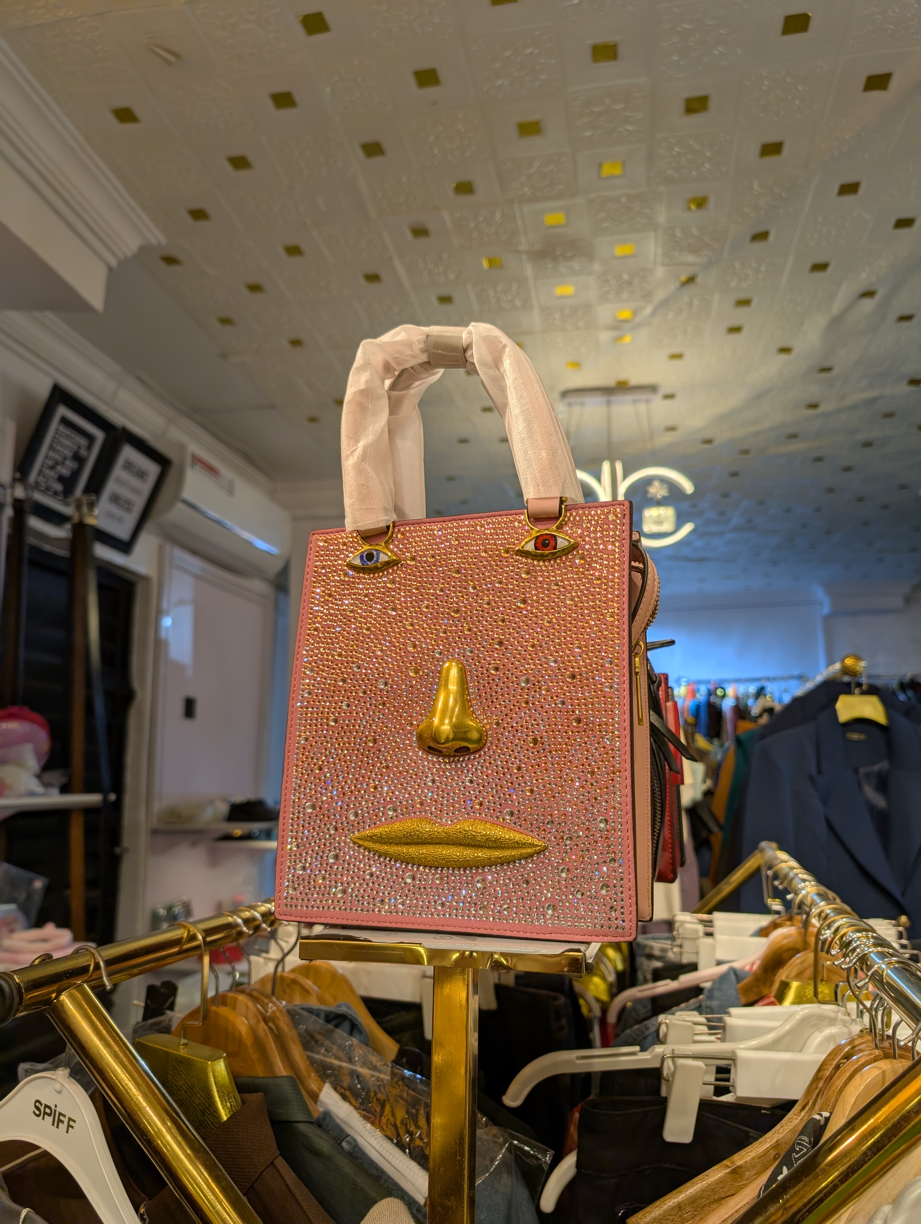 Peach Emerald Rhinestone Face Handbag