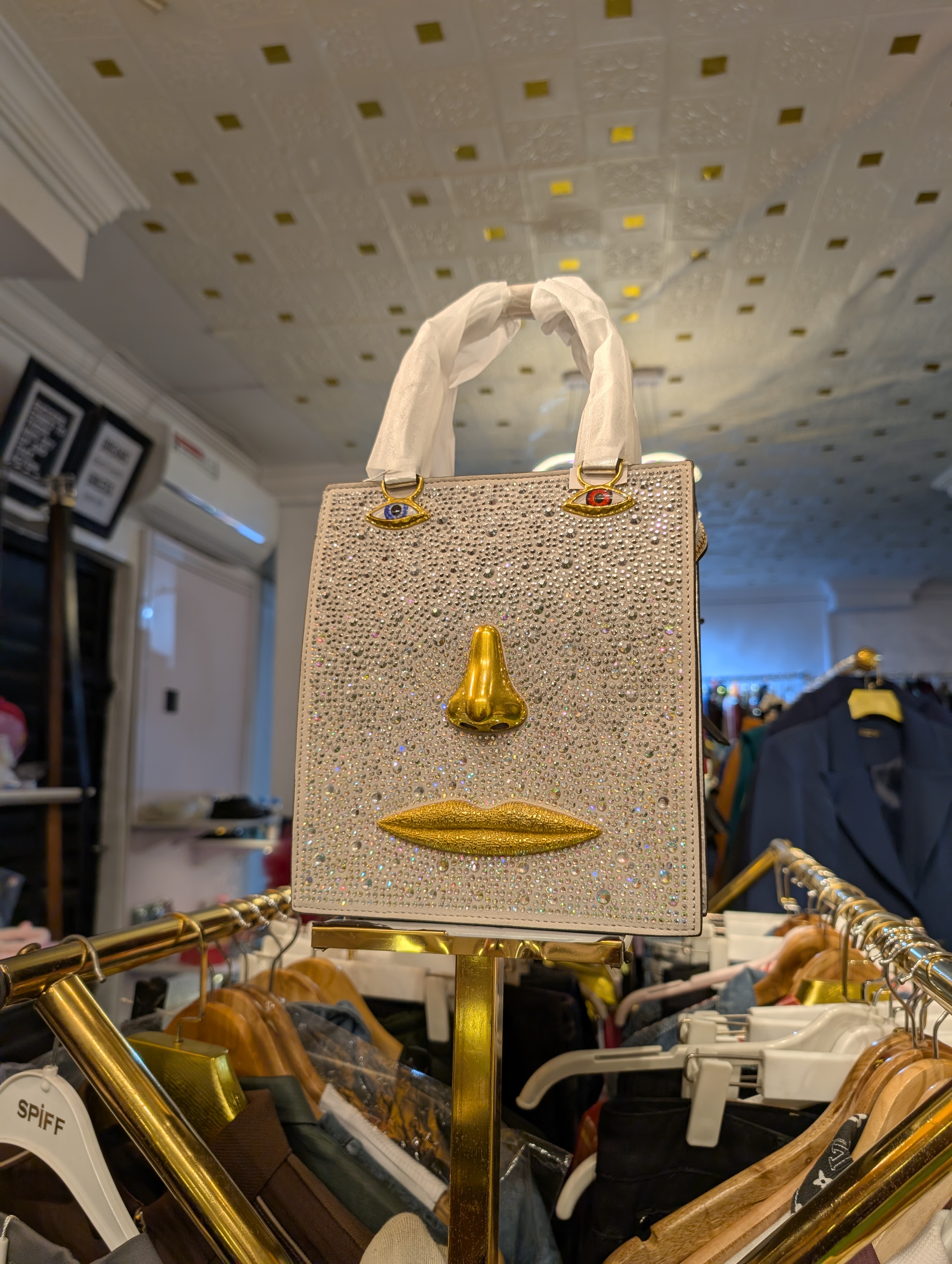 Silver Emerald Rhinestone Face Handbag