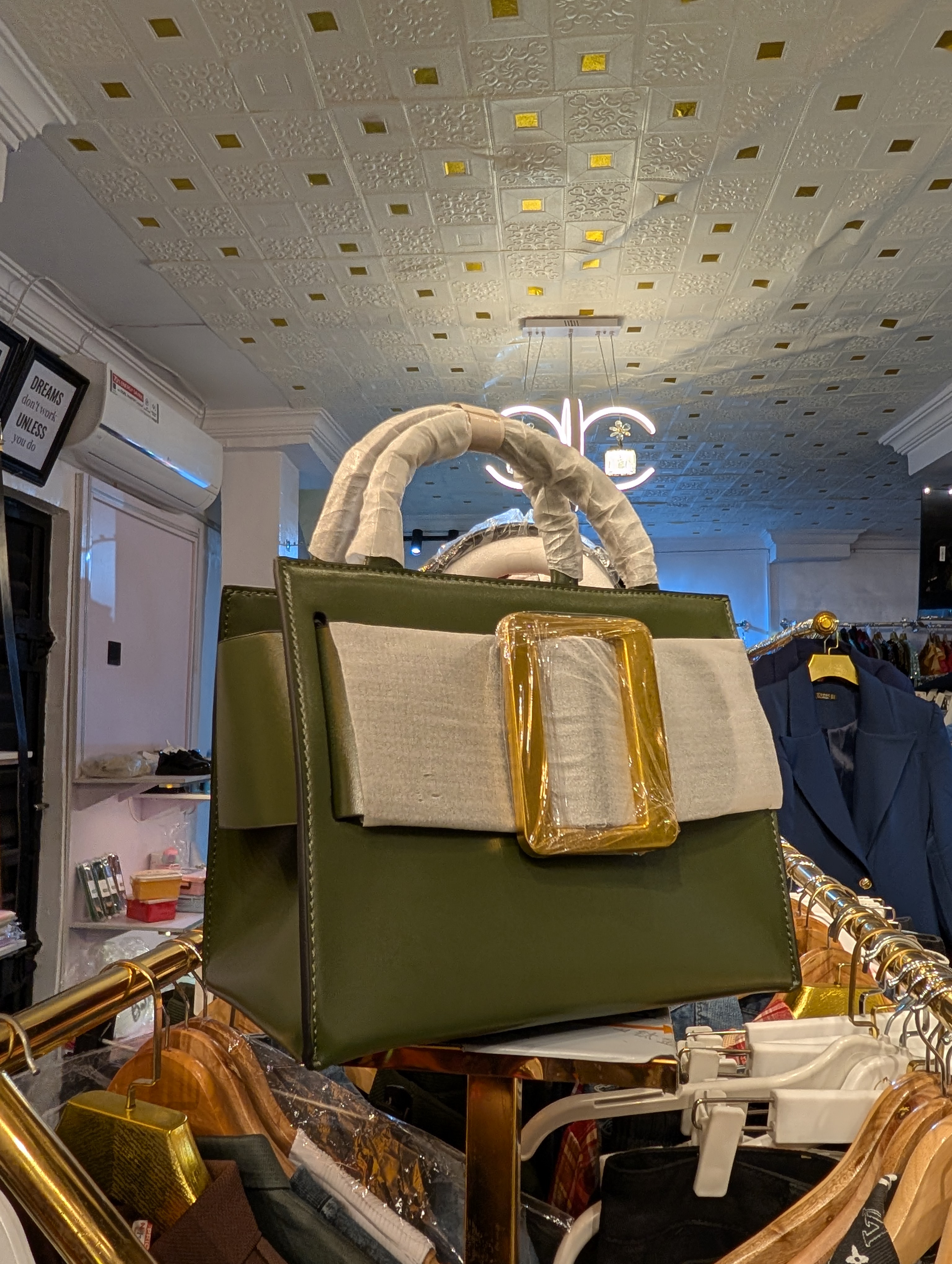 Olive Green and Gold-block Handbag