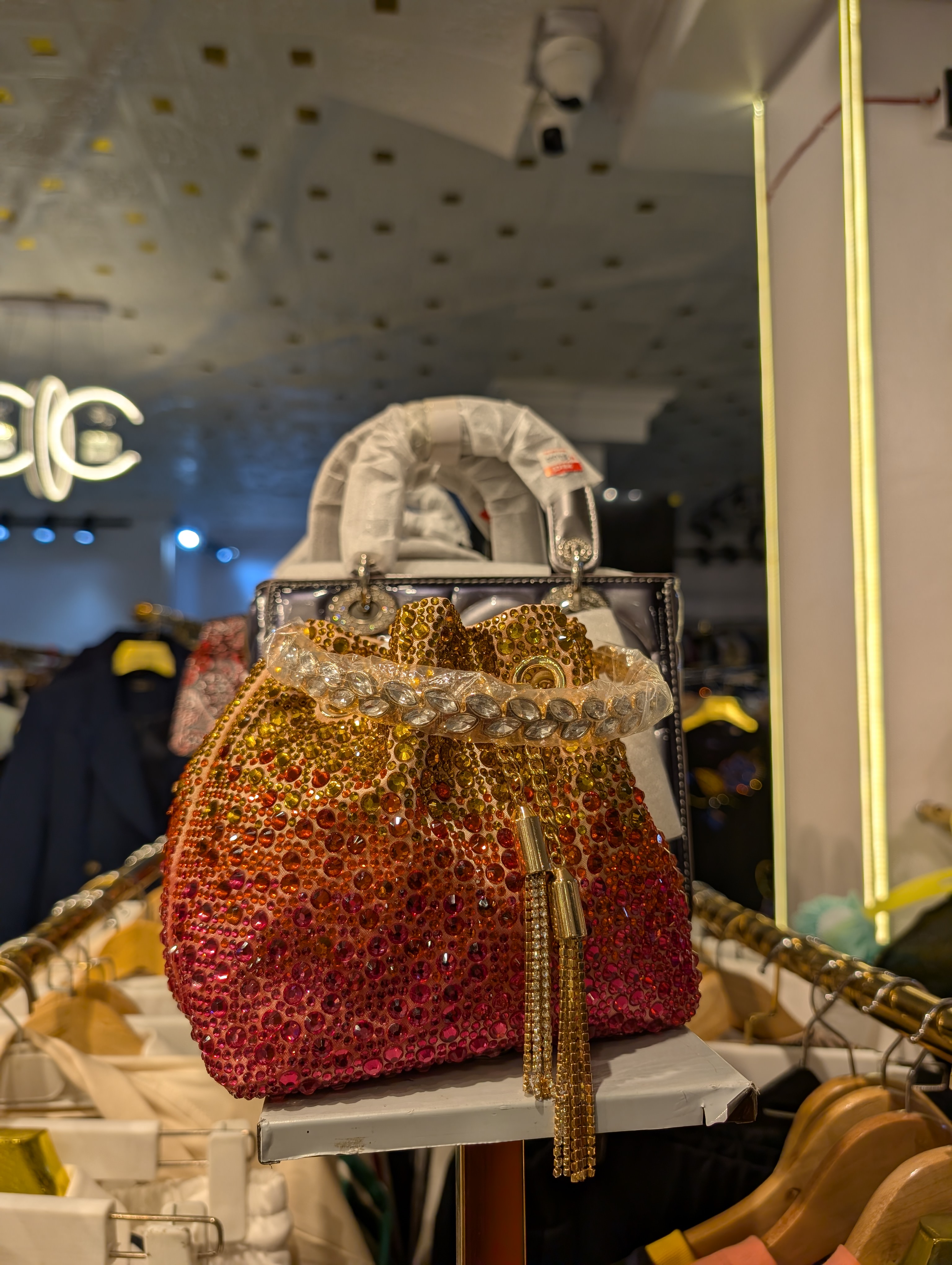 Gold orange and violet crystal embellished evening bag
