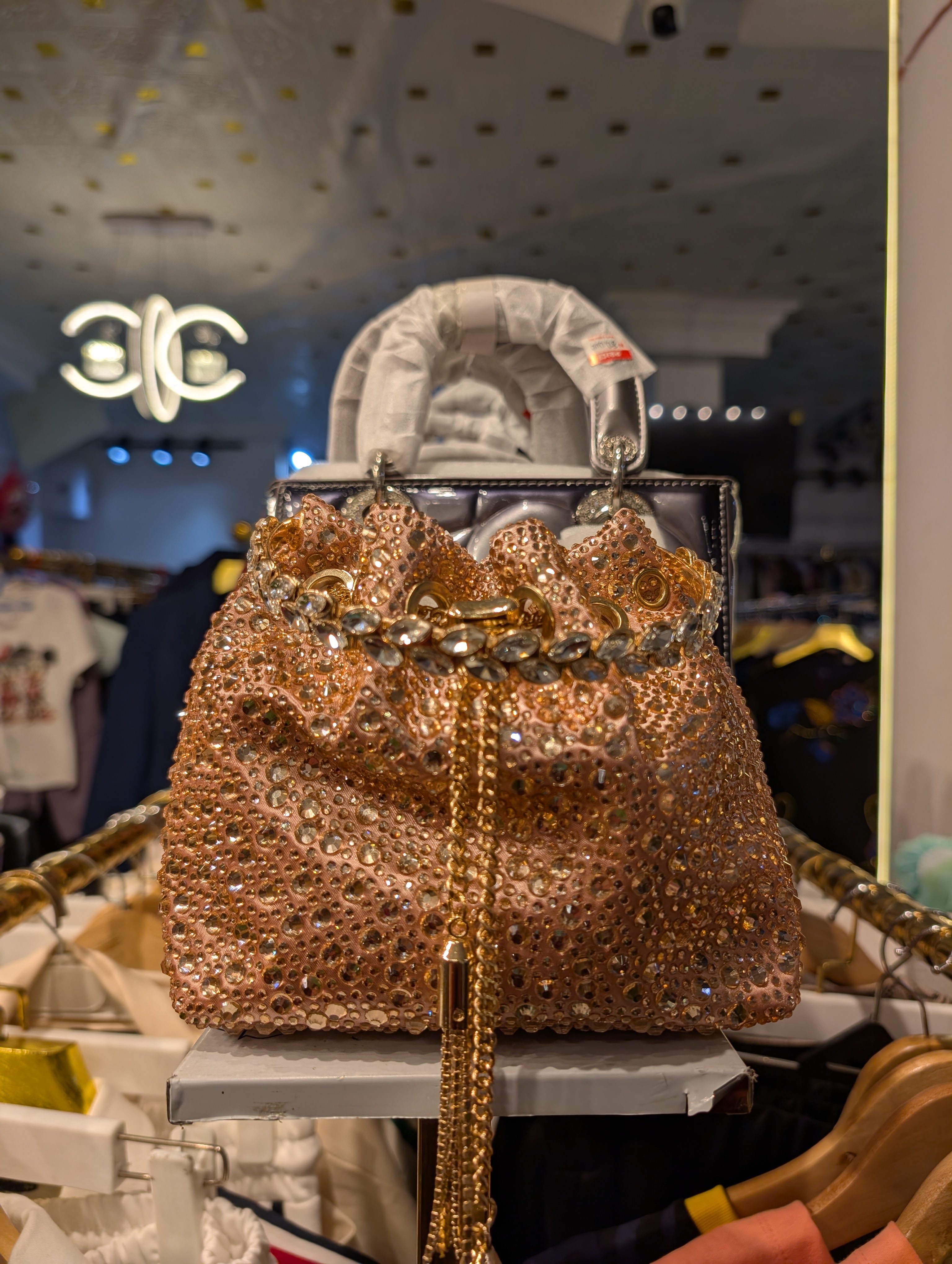 Peach Gold-stoned Crystal Embellished Evening Bag