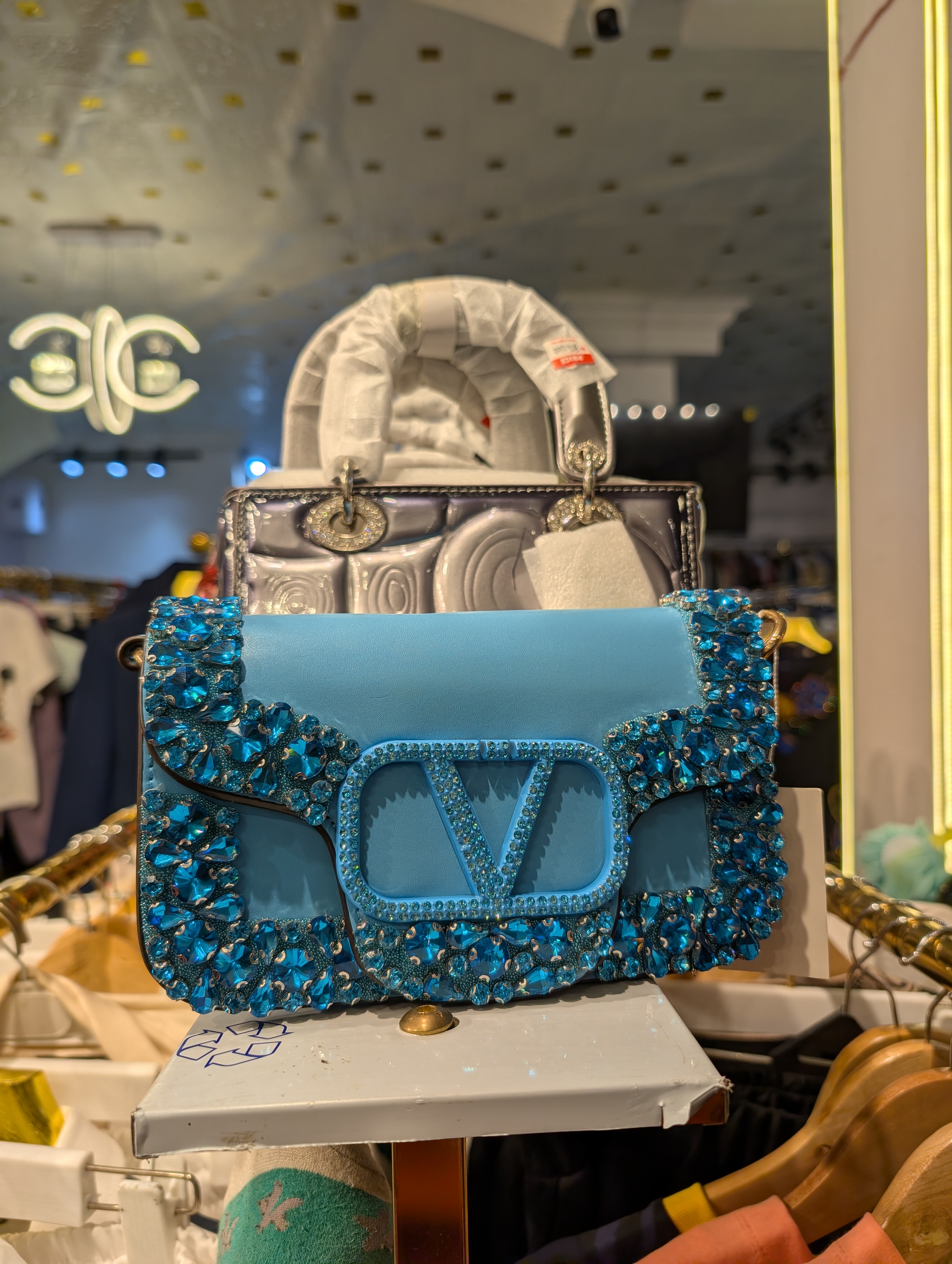 Blue crystal embellished Valentino flap shoulder bag