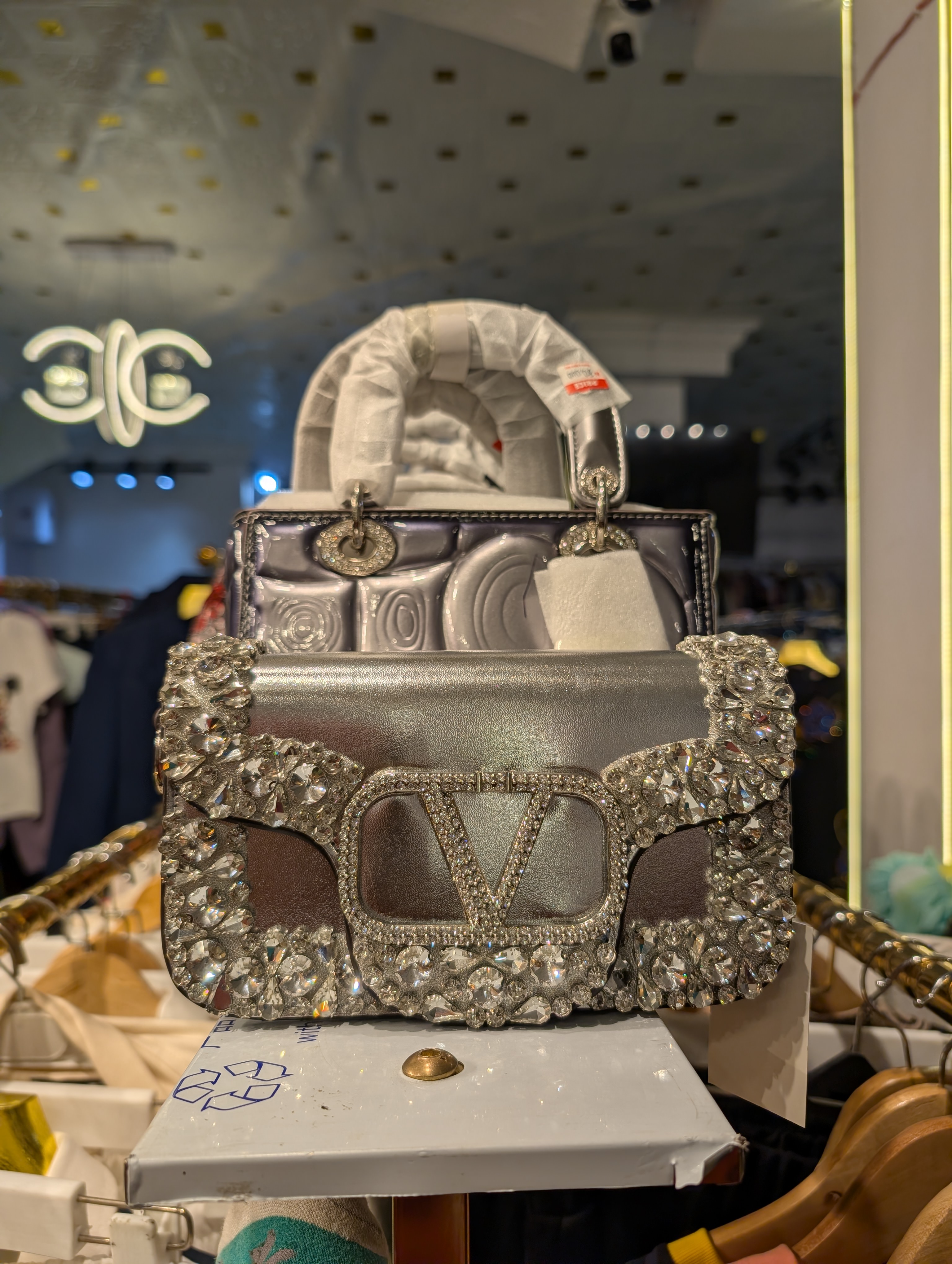 Silver Crystal-Embellished Valentino Flap Shoulder Bag