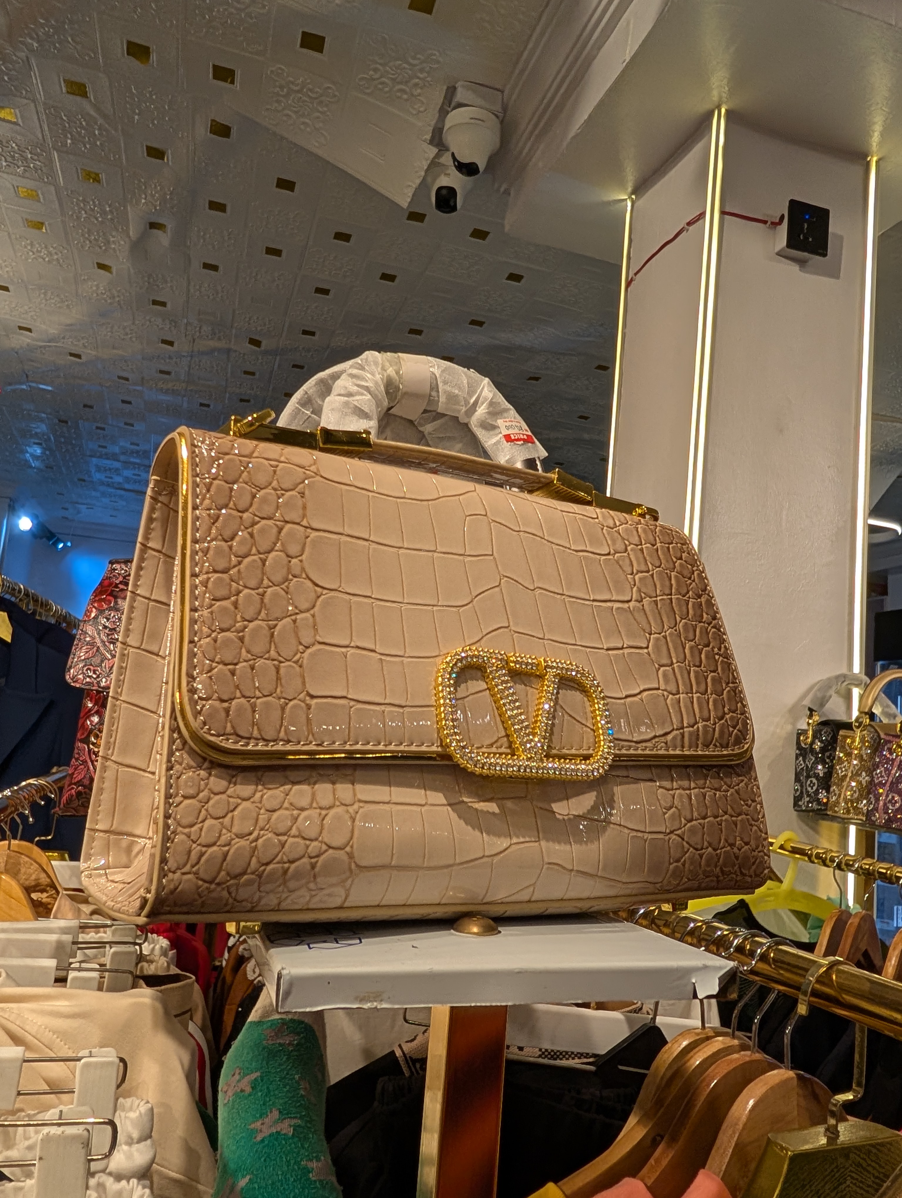 Cream Dusty Rose Croc-Texture Flap bag